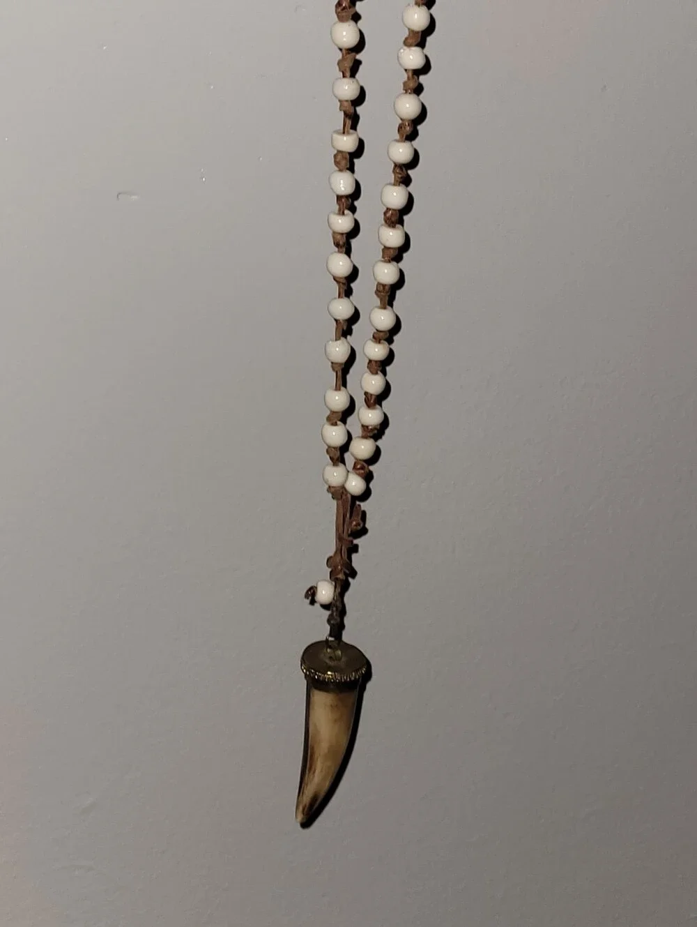 Boho Ivory Looking Tusk Beaded Horn Pendant Cord Necklace